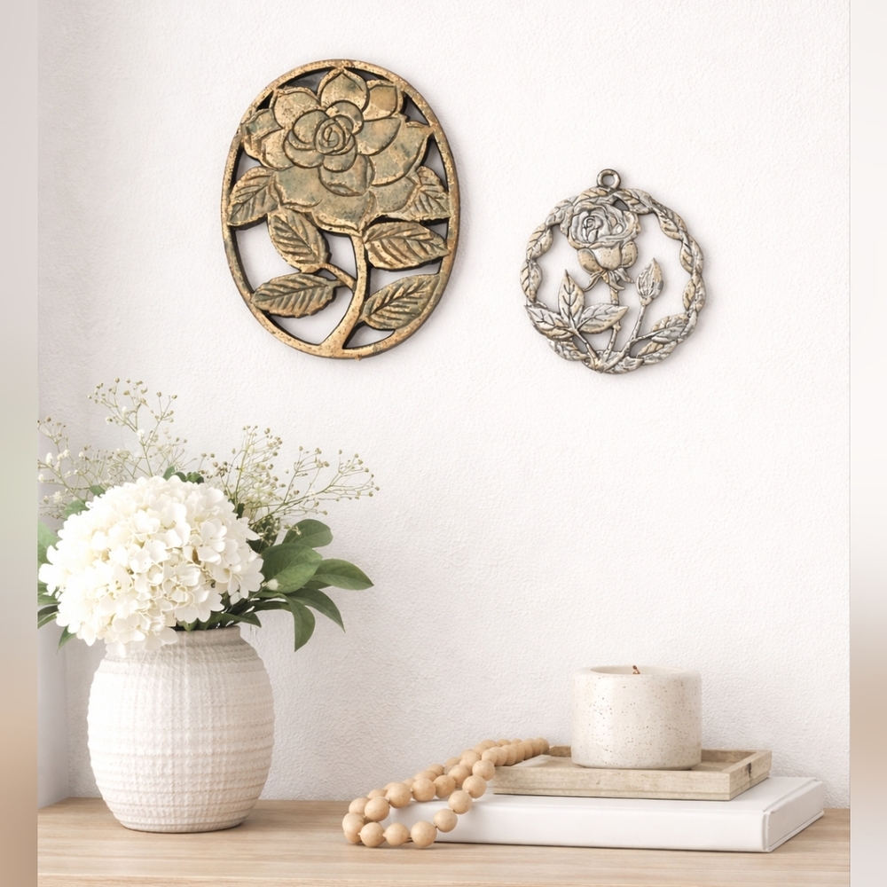 Vintage Old Dutch Iron Rose Floral Trivet And Wall Art